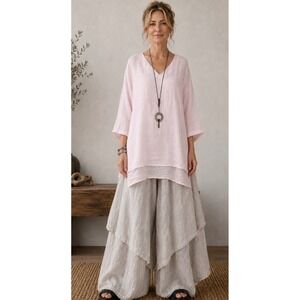 La Fixsun Pink  Linen Tunic Top 3/4 Sleeve Shark Bite Hem Lagenlook USA M